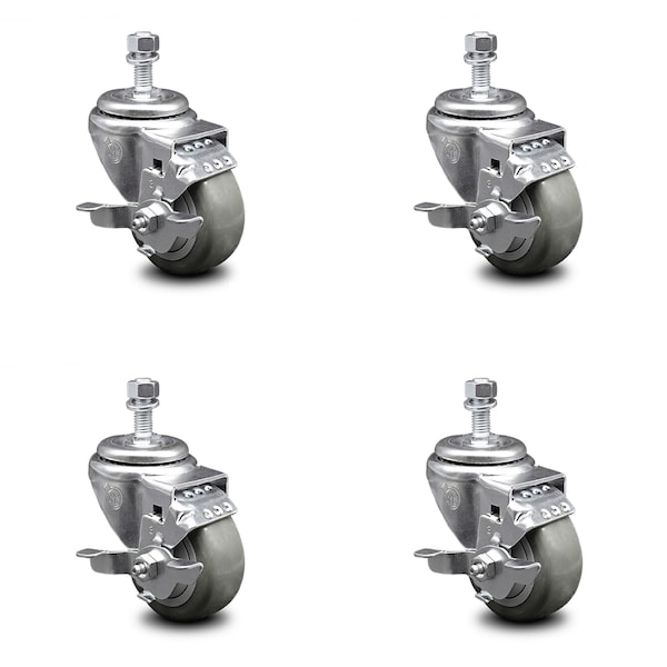 Service Caster 3.5 Inch Gray Polyurethane Swivel 1/2 Inch Threaded Stem Caster Set with Brake SCC-TS20S3514-PPUB-TLB-121315-4 - main